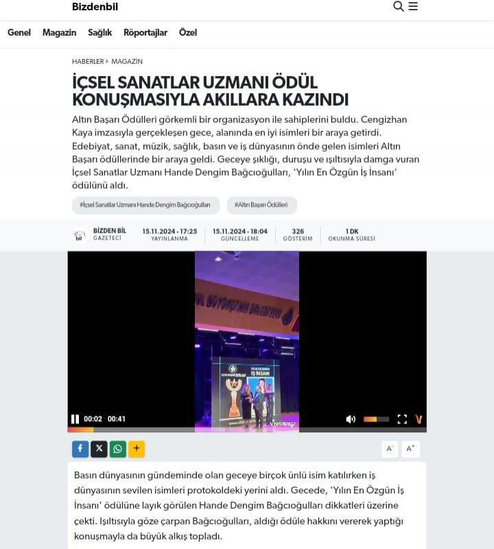 Yılın En Özgün İş İnsanı Ödülü Teşekkür Konuşmamız Bizden Bil Gazetesinde