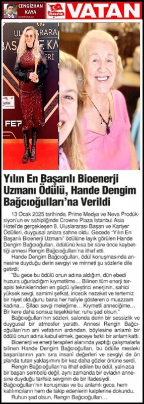 Vatan Gazetesi: Yılın En Başarılı Bioenerji Uzmanı Ödülü Hande Dengim Bağcıoğulları'na Verildi